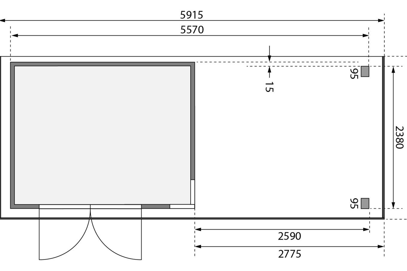KARIBU Gartenhaus Kerko 5, naturbelassen, Fichtenholz 19mm, 591,5 x 246 x 210 cm, Flachdach, Anbau 2,8m 30546-1 06.jpg