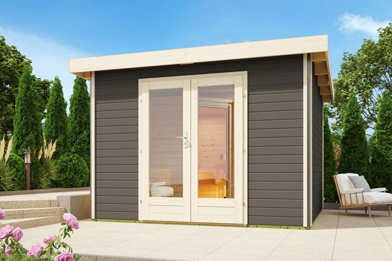 KARIBU Mainburg 1 Saunahaus, terragrau, Fichte, 309x309x229 cm, SET 1 mit Doppelflügeltür, Vorraum und 9 kW Ofen 31317-5 01.jpg