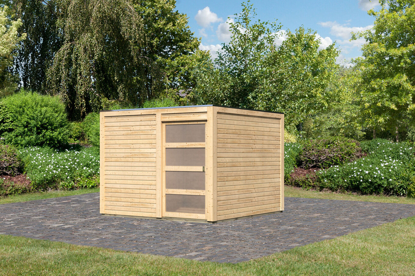 KARIBU Exklusivmodell Quadro Gartenhaus, naturbelassen, nordische Fichte, 276 x 276 x 214 cm 33794-1 01.jpg