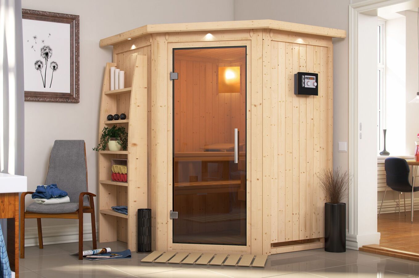 KARIBU Systemsauna Nanja, Fichtenholz 68mm, Eckeinstieg, ca. 2m² 1 18456-24.jpg