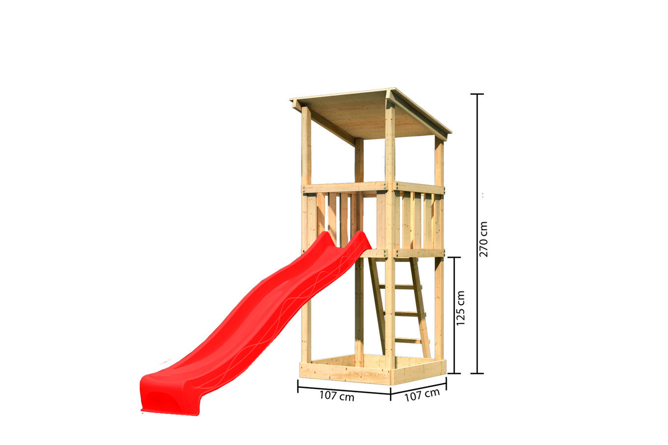 KARIBU Anna Spielturm, naturbelassen, nordische Fichte, 107x107x270cm, mit Rutsche rot 30405-2 05.jpg