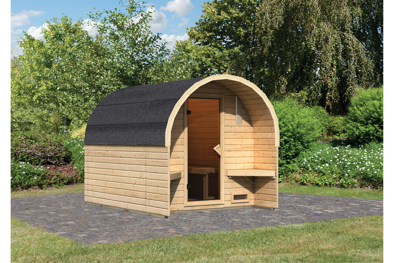 KARIBU Fasshaus 2 Saunahaus, naturbelassen, Fichte, 219 x 295 x 218,5 cm, Fronteinstieg, SET 30944-1 01.jpg