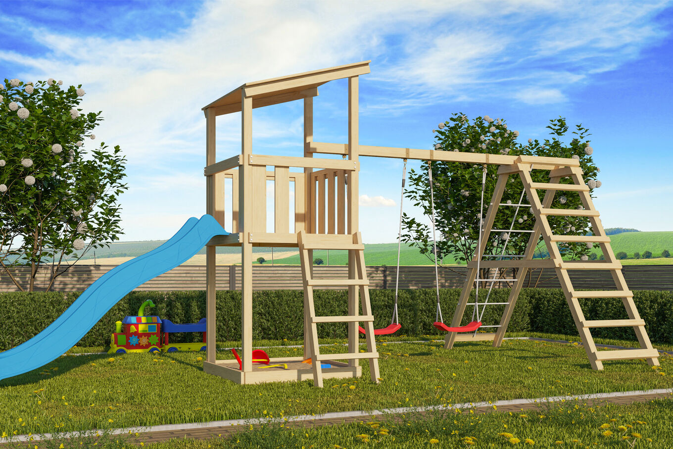 KARIBU Anna Turm, naturbelassen, nordische Fichte, 415x264x270cm, mit Rutsche blau,Doppelschaukel und Gerüst 30407-9 01.jpg