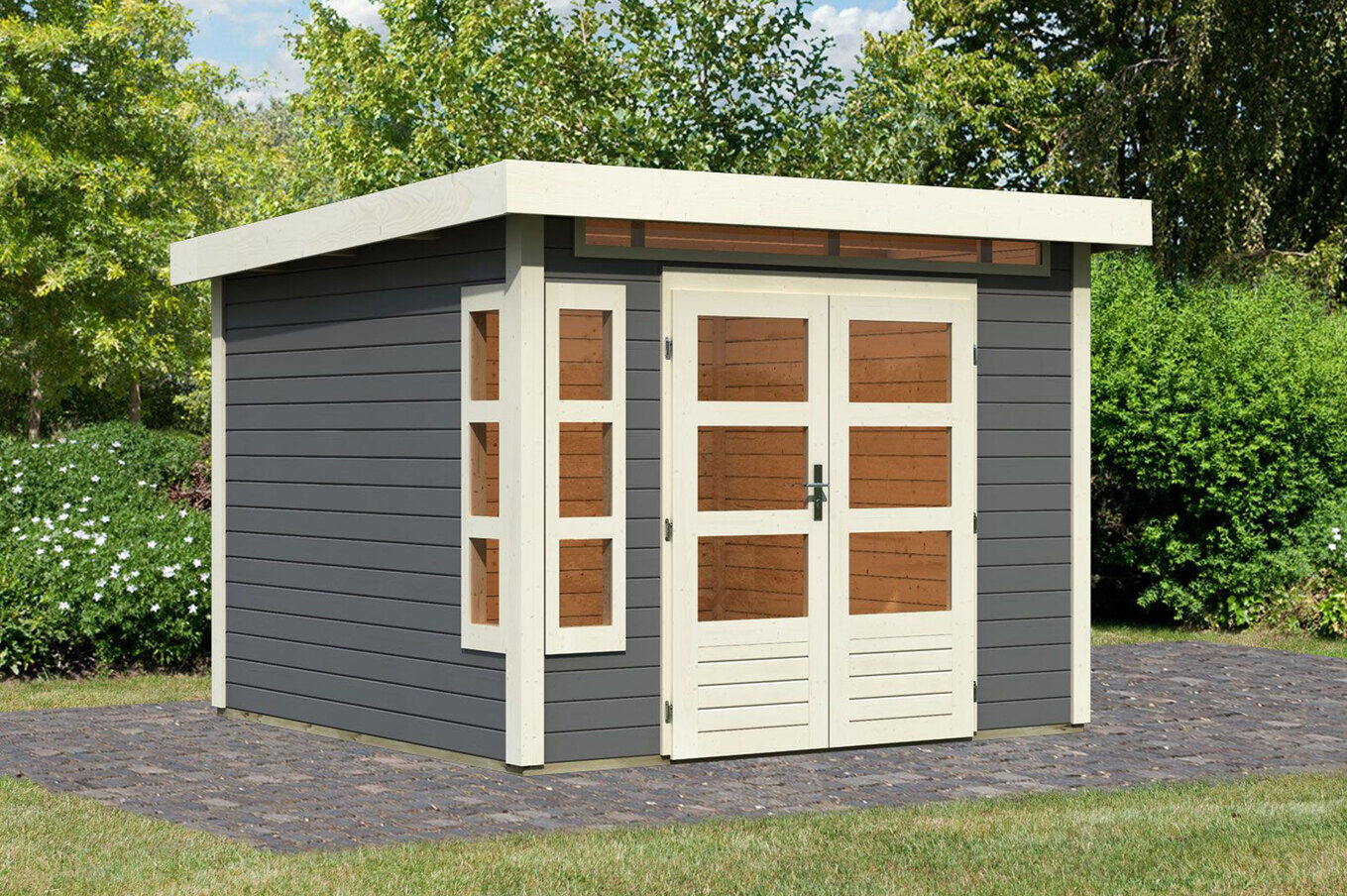 KARIBU Gartenhaus Kastorf 6, terragrau, Fichtenholz 28mm, 305 x 274 x 222 cm, Flachdach, inkl. Oberlicht 30463-2 01.jpg