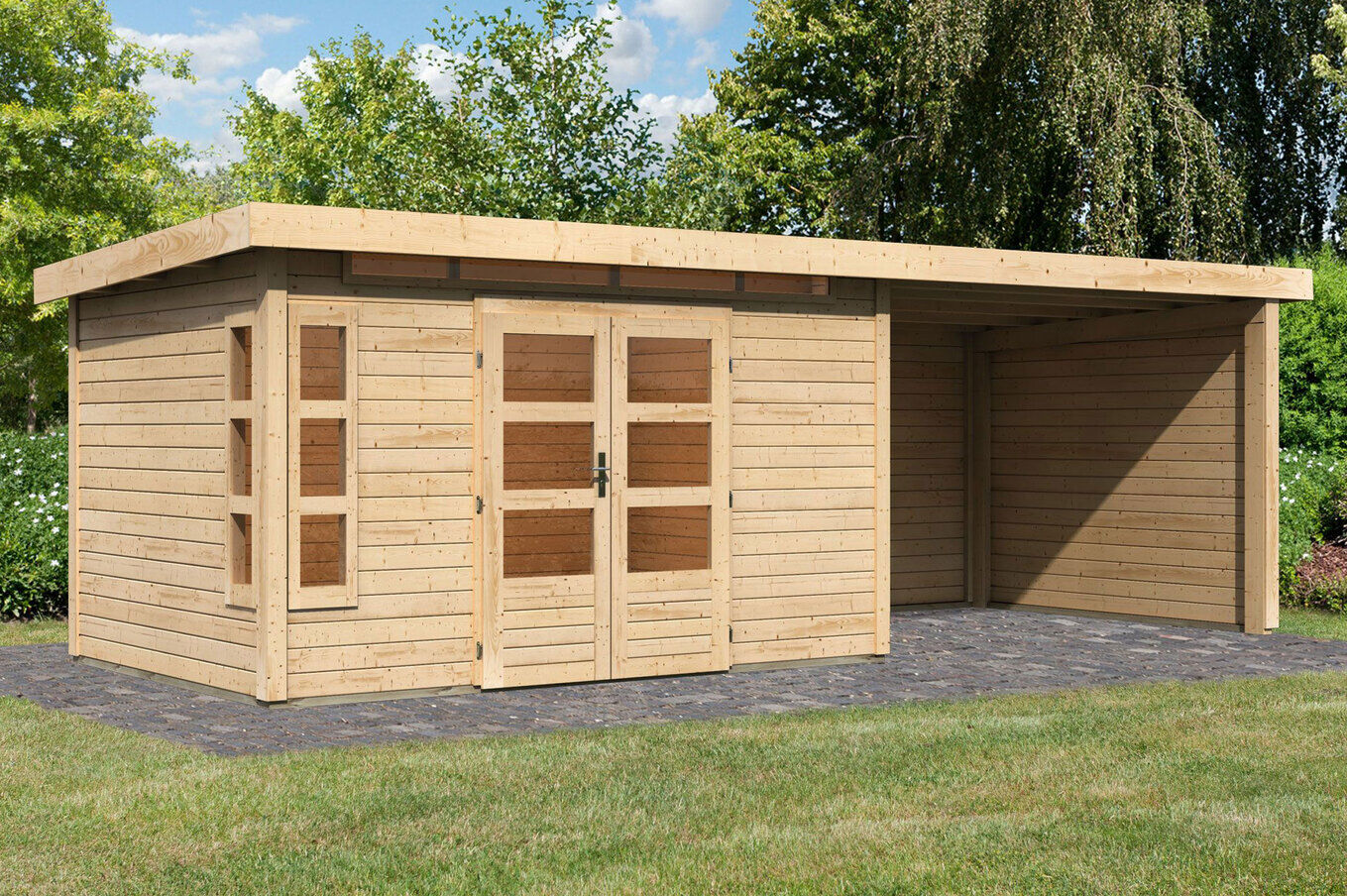 KARIBU Gartenhaus Kastorf7 , naturbelassen, Fichtenholz 28mm, 702 x 244 x 222 cm, Flachdach, Anbau 3,2m mit Rück- und Seitenwand 30469-3 01.jpg