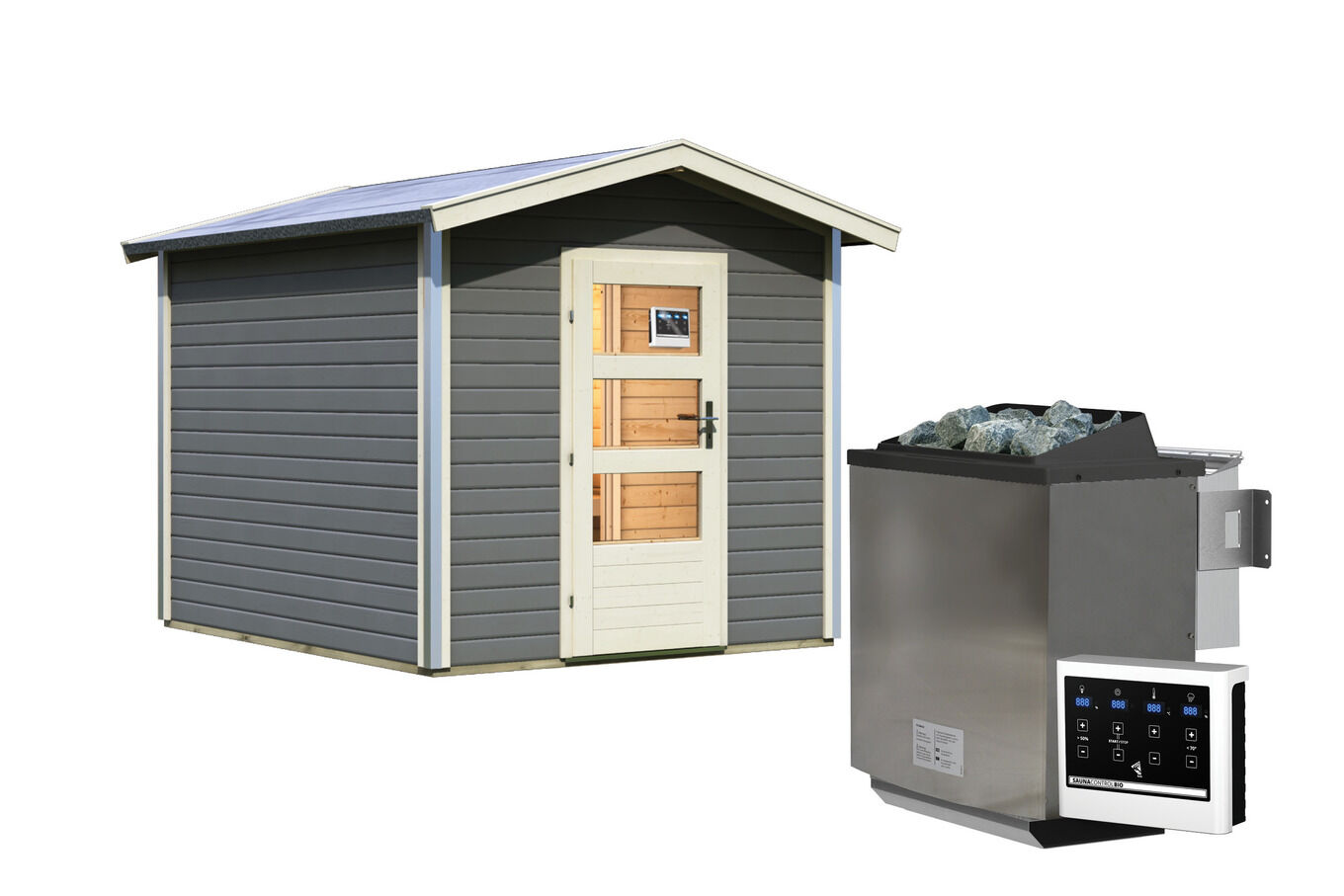 KARIBU Bosse 1 Saunahaus, terragrau, Fichte, 231x273x235 cm, mit Vorraum, Fronteinstieg und 9 kW Bio-Ofen 31311-3 03.jpg