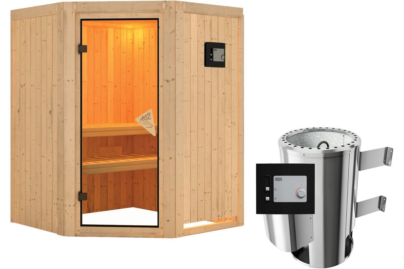 KARIBU Systemsauna Nanja, Fichtenholz 68mm, Eckeinstieg, ca. 2m² 2 18456-11.jpg
