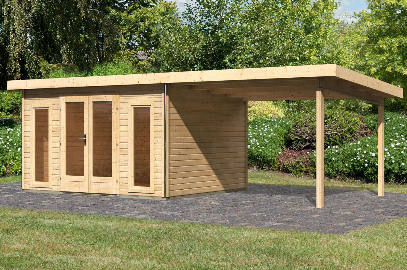 KARIBU Gartenhaus Radeburg 2, naturbelassen, Fichtenholz 40mm, 724 x 309 x 229,5 cm, Pultdach, Anbau 3,3m 30477-1 01.jpg