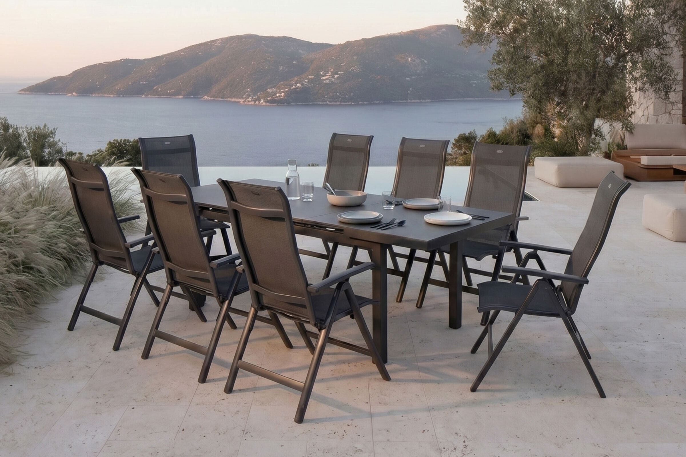 HARTMAN Alice Comfort Garten-Essgruppe, xerix, Alu/Textilene, Tisch 180/240x100cm, 8 Klappstühle