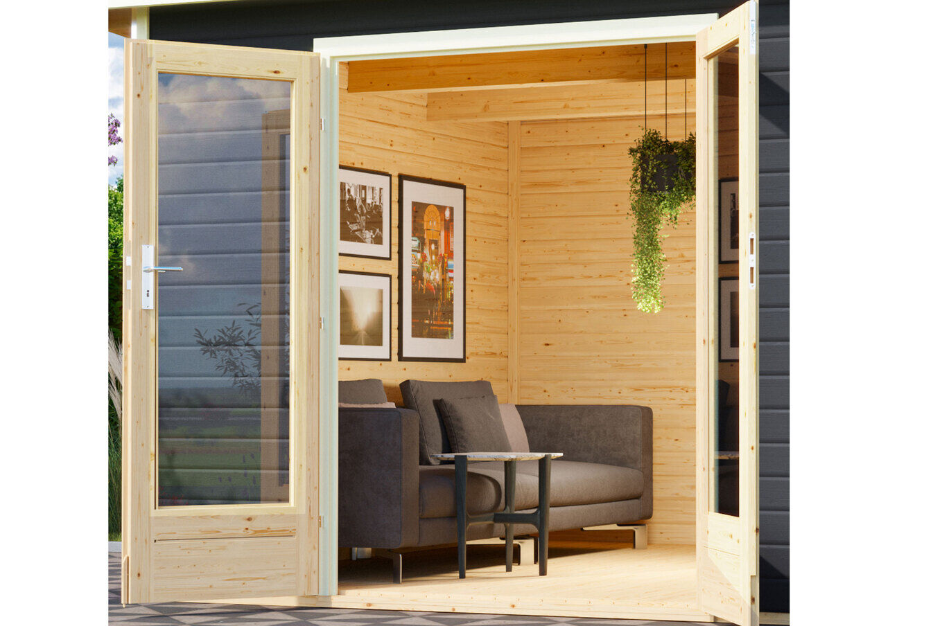 KARIBU Gartenhaus Radeburg 1, terragrau, Fichtenholz 40mm, 664 x 309 x 229,5 cm, Pultdach, Anbau 3,3m 30474-2 02.jpg