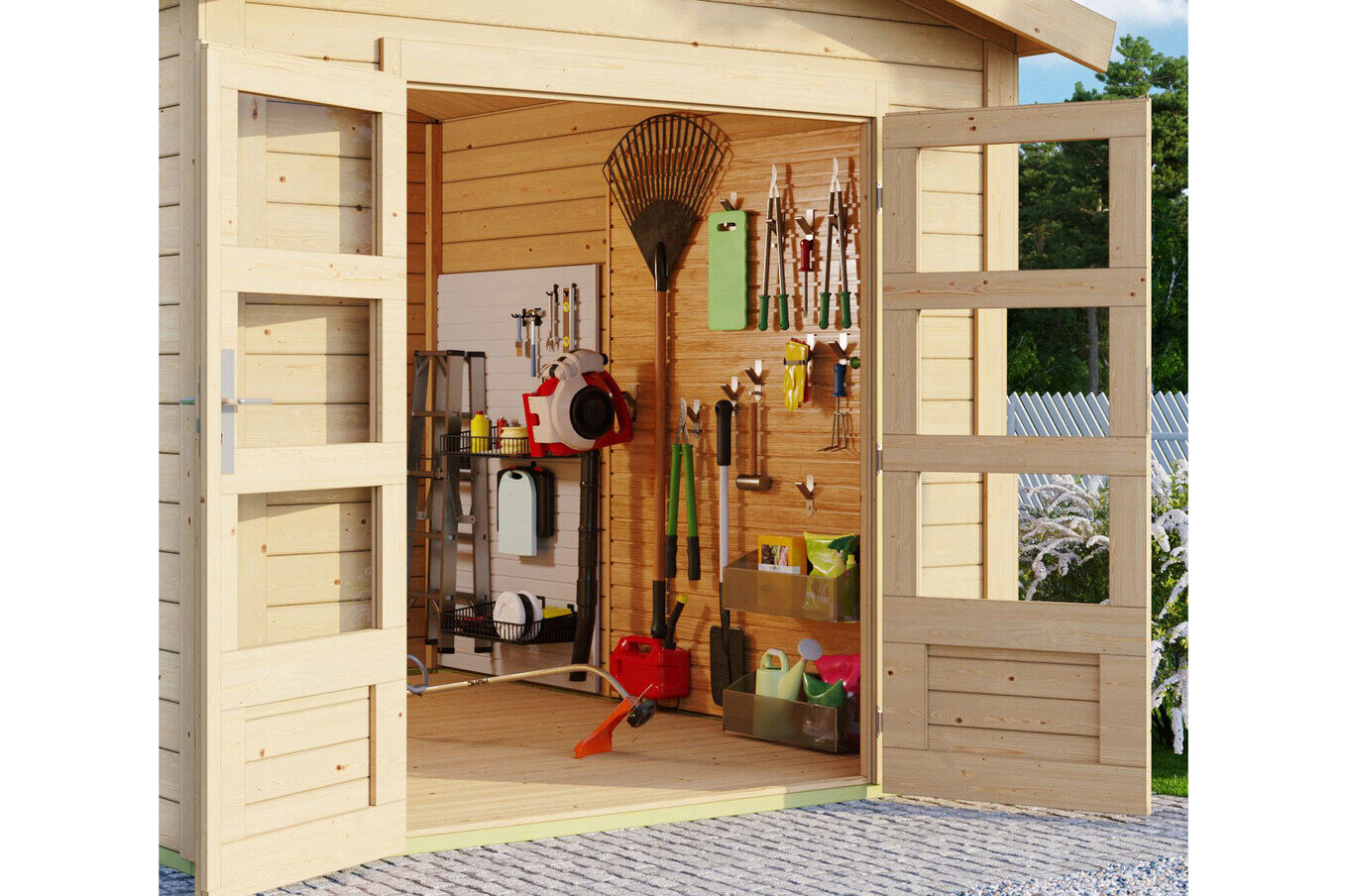 KARIBU Gartenhaus Theres 3, naturbelassen, Fichtenholz 28mm, 767 x 240 x 242 cm, Satteldach, 2 Dachausbauelemente 30472-1 02.jpg