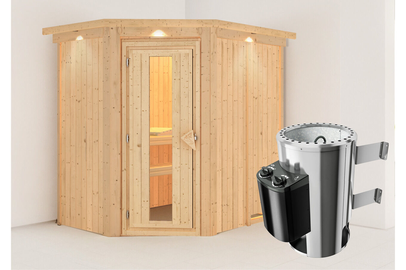 KARIBU Caspin Energiespar-Sauna, naturbelassen, Fichte, 210x165x202 cm, mit Kranz und 3,6 kW Ofen integr. Steuerung 31391-2 02.jpg