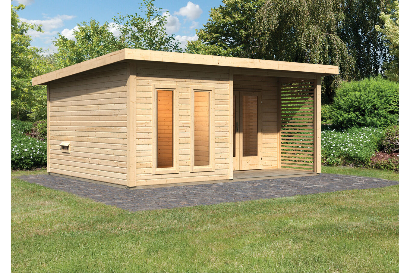 KARIBU Mainburg 5 Saunahaus, naturbelassen, Fichte, 508x368x253 cm, SET A mit Doppelflügeltür und Terrasse 31325-1 02.jpg