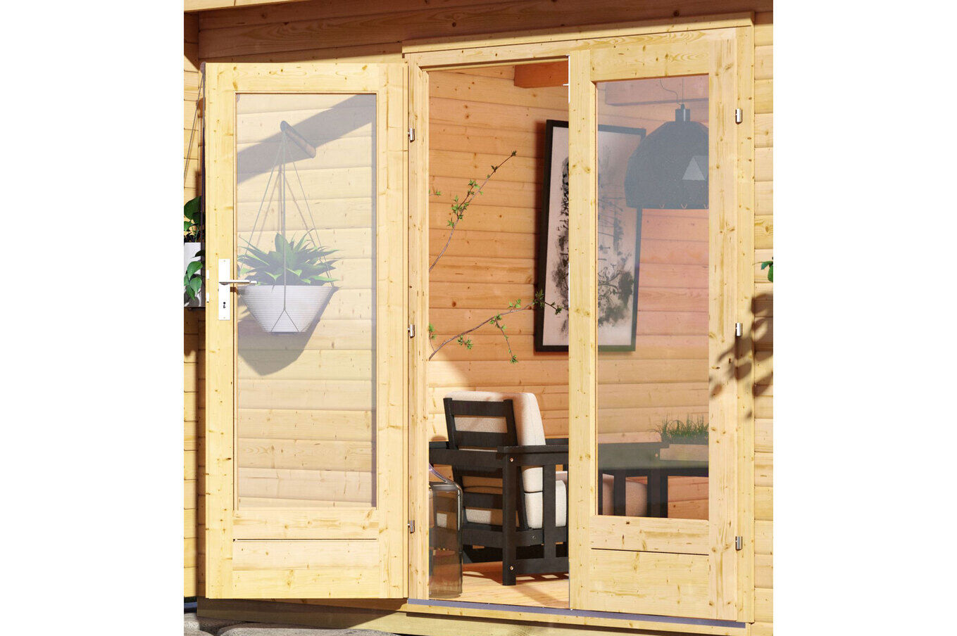 KARIBU Gartenhaus Radeburg 2, naturbelassen, Fichtenholz 40mm, 724 x 309 x 229,5 cm, Pultdach, Anbau 3,3m mit Rückwand 30478-1 03.jpg