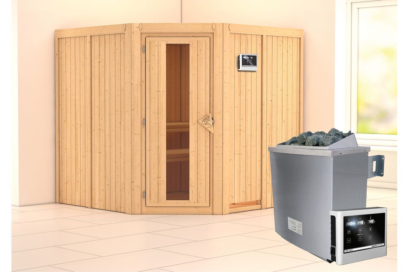 KARIBU Systemsauna Jarin, Fichtenholz 68mm, Eckeinstieg, ca. 3,4m² 1 18416-3.jpg