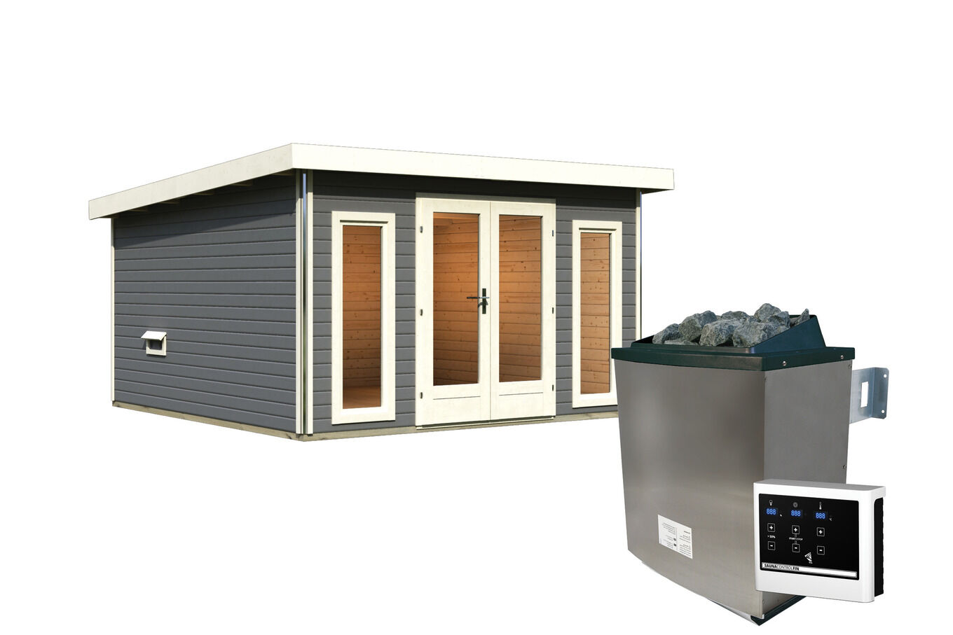 KARIBU Mainburg 3 Saunahaus, terragrau, Fichte, 369x369x229 cm, SET B mit Doppelflügeltür, Vorraum und 9 kW Ofen 31322-5 02.jpg