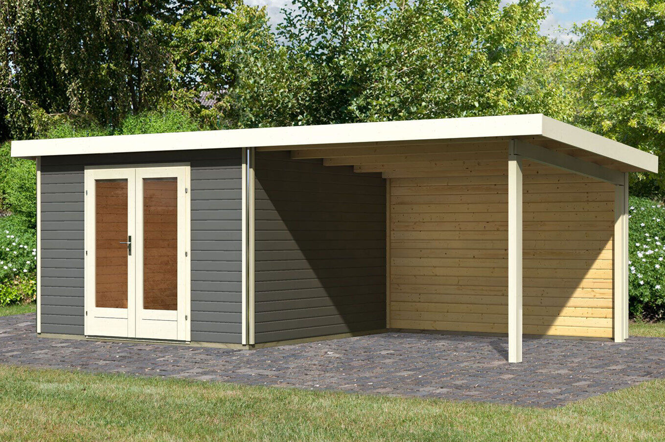 KARIBU Gartenhaus Radeburg 1, terragrau, Fichtenholz 40mm, 664 x 309 x 229,5 cm, Pultdach, Anbau 3,3m mit Rückwand 30475-2 01.jpg