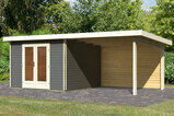 KARIBU Gartenhaus Radeburg 1, terragrau, Fichtenholz 40mm, 664 x 309 x 229,5 cm, Pultdach, Anbau 3,3m mit Rückwand 30475-2 01.jpg