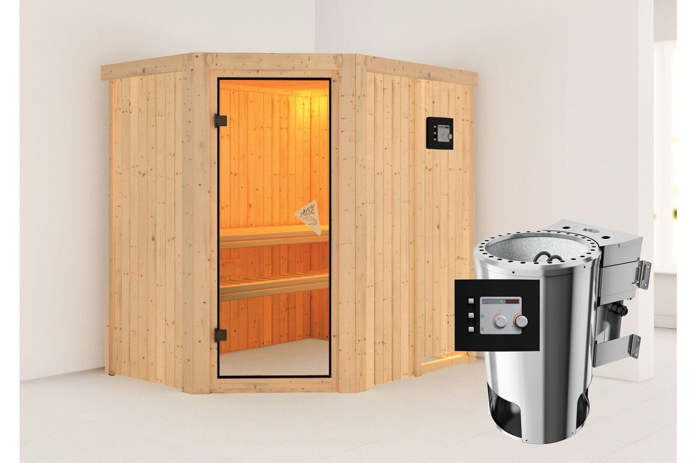 KARIBU Systemsauna Saja, Fichtenholz 68mm, Eckeinstieg, ca. 2,7m² 1 18461-12.jpg