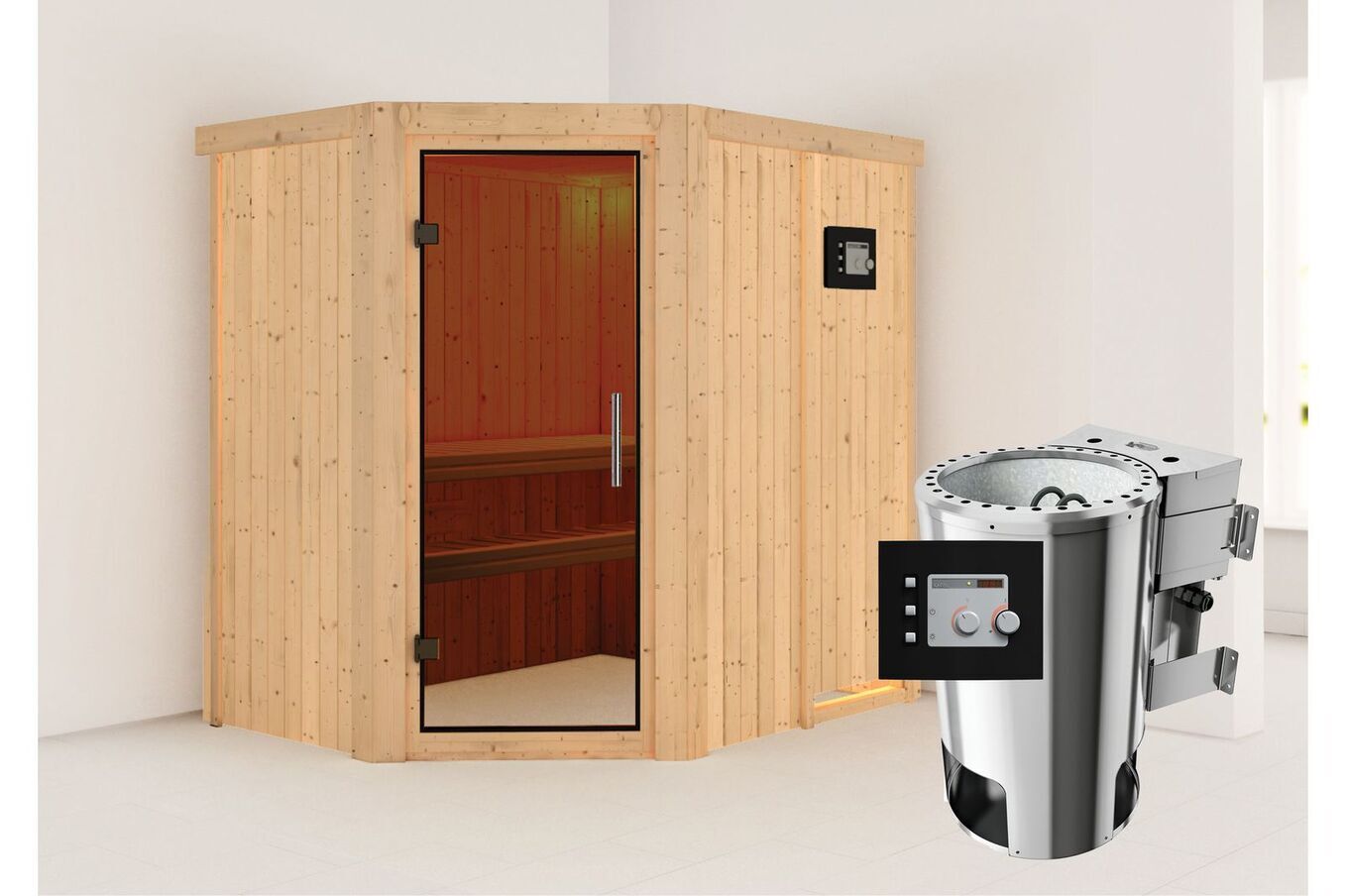 KARIBU Systemsauna Saja, Fichtenholz 68mm, Eckeinstieg, ca. 2,7m² 1 18461-20.jpg