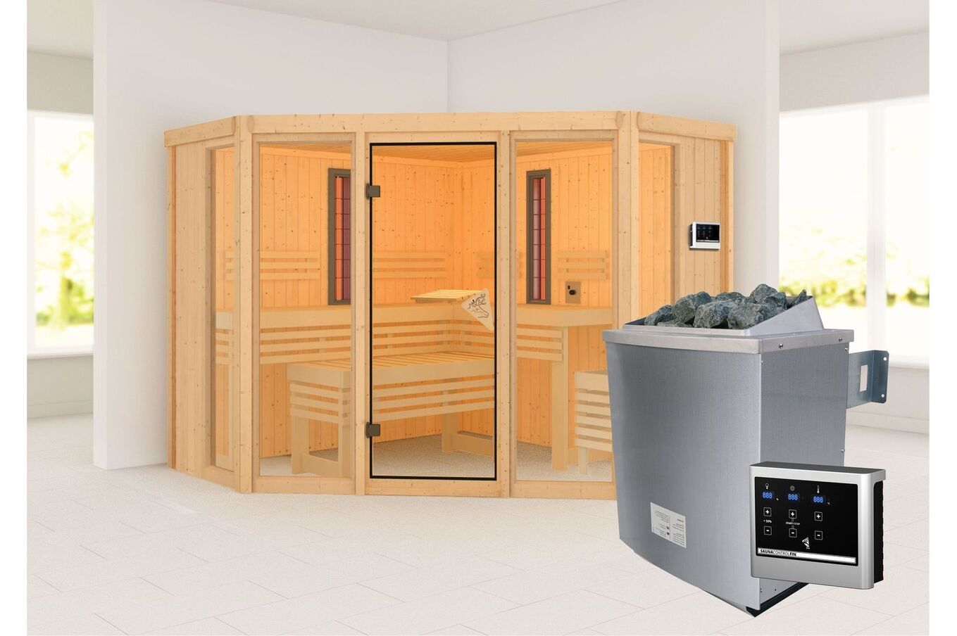 KARIBU Infrarotkabine Asta, Fichtenholz 68 mm, Eckeinstieg, ca. 3,6m² 3 20267-1.jpg