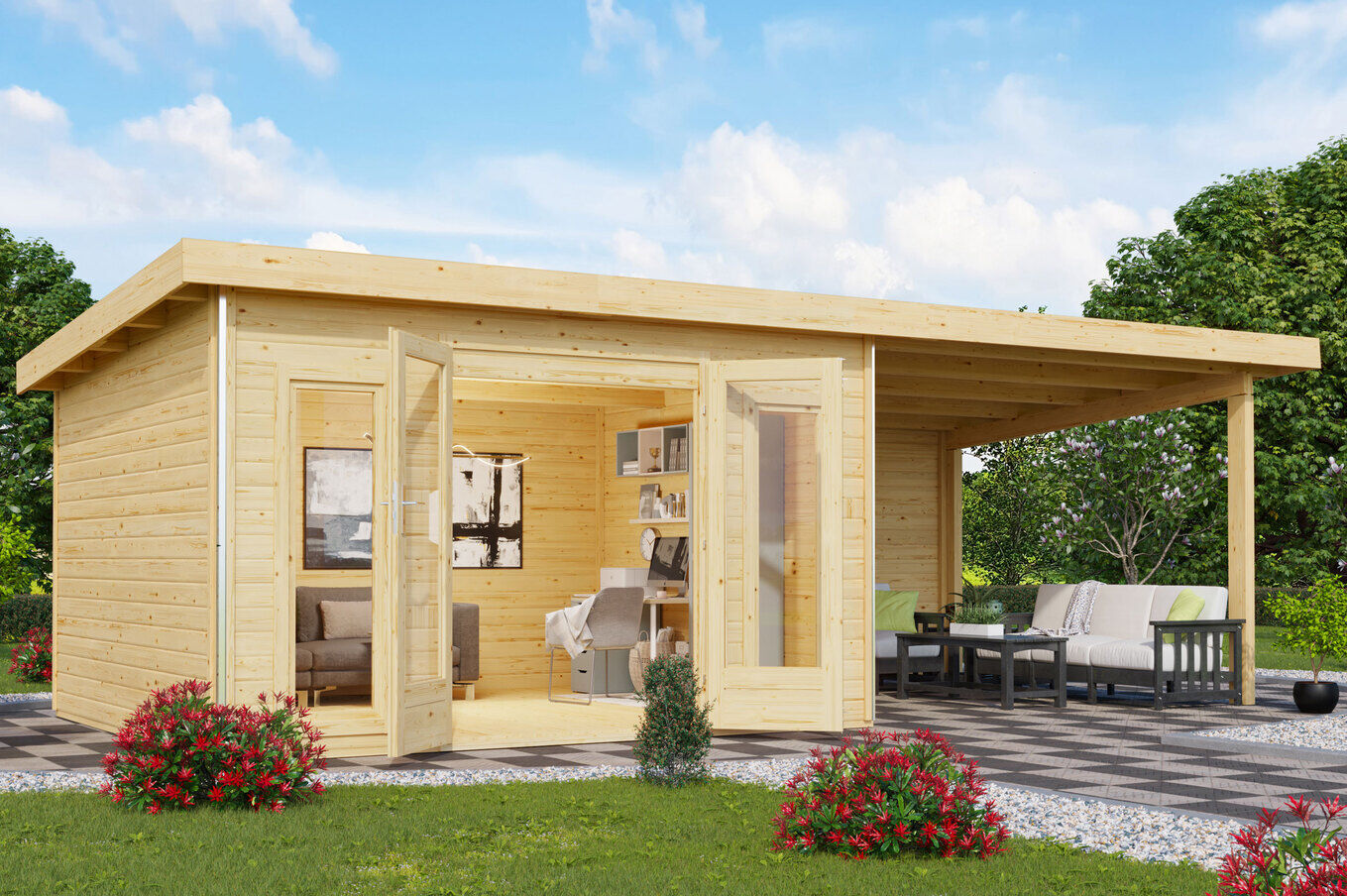 KARIBU Gartenhaus Radeburg 2, naturbelassen, Fichtenholz 40mm, 724 x 309 x 229,5 cm, Pultdach, Anbau 3,3m mit Rückwand 30478-1 01.jpg