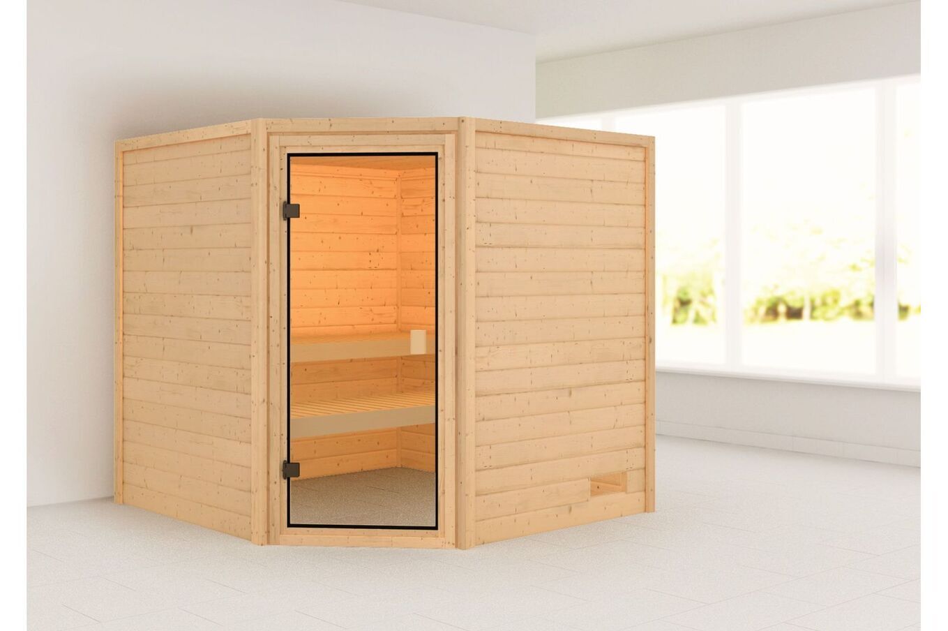 KARIBU Sauna Tilda, Fichtenholz 38 mm, Eckeinstieg, ca. 3,2m² 3 20230-1.jpg