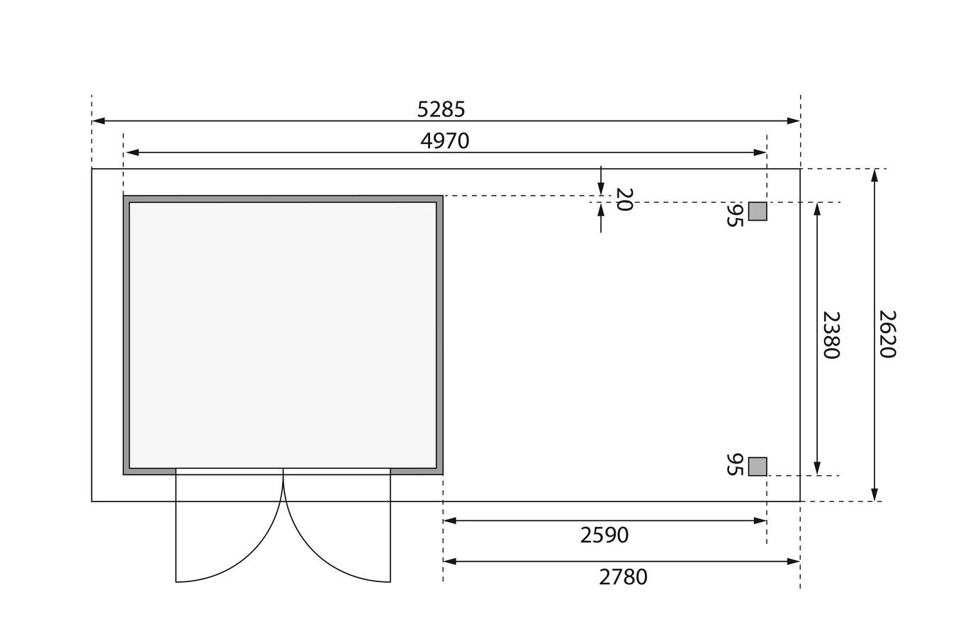 KARIBU Gartenhaus Askola 3,5, terragrau, Fichtenholz 19mm, 528,5 x 246 x 211 cm, Flachdach, seitlicher Anbau 2,8m 30539-1 06.jpg