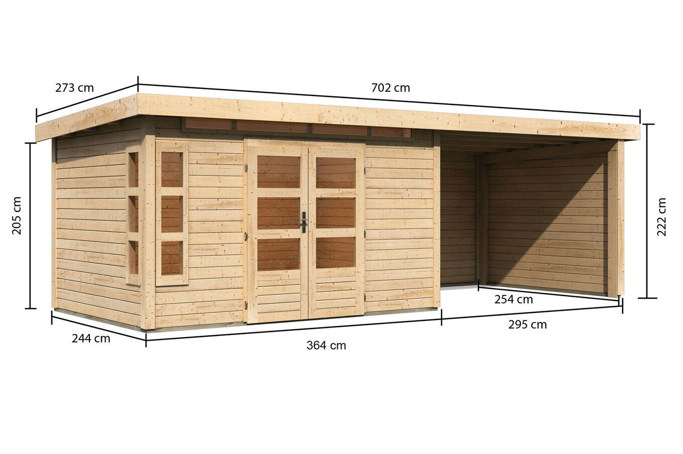 KARIBU Gartenhaus Kastorf7 , naturbelassen, Fichtenholz 28mm, 702 x 244 x 222 cm, Flachdach, Anbau 3,2m mit Rück- und Seitenwand 30469-3 05.jpg
