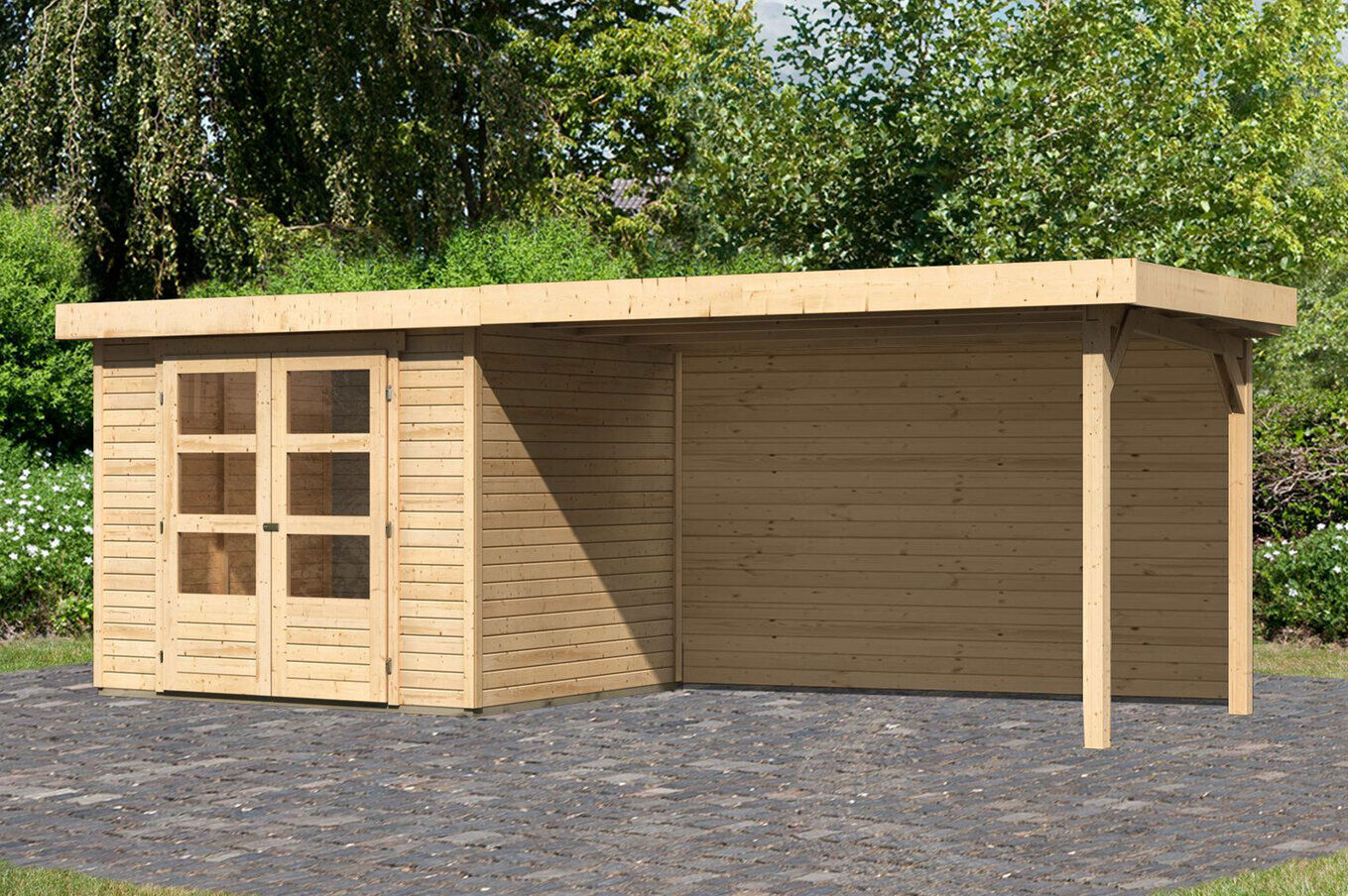 KARIBU Gartenhaus Askola 3, naturbelassen, Fichtenholz 19mm, 528,5 x 217 x 211 cm, Flachdach, seitlicher Anbau 2,8m mit Rückwand 30540-3 01.jpg