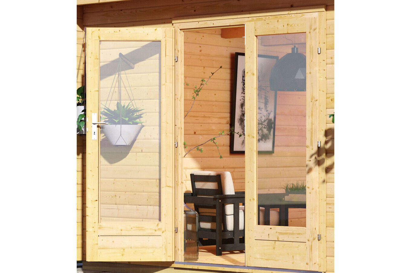 KARIBU Gartenhaus Radeburg 2, naturbelassen, Fichtenholz 40mm, 724 x 309 x 229,5 cm, Pultdach, Anbau 3,3m 30477-1 02.jpg