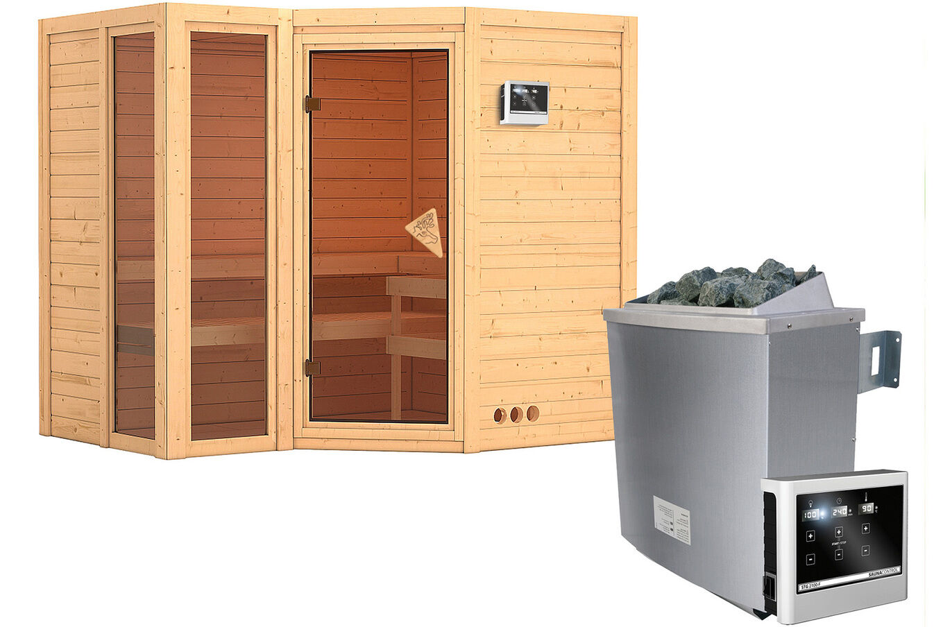 KARIBU Massivholzsauna Amara, Fichtenholz 40mm, Eckeinstieg, ca. 2m² 2 18447-3.jpg