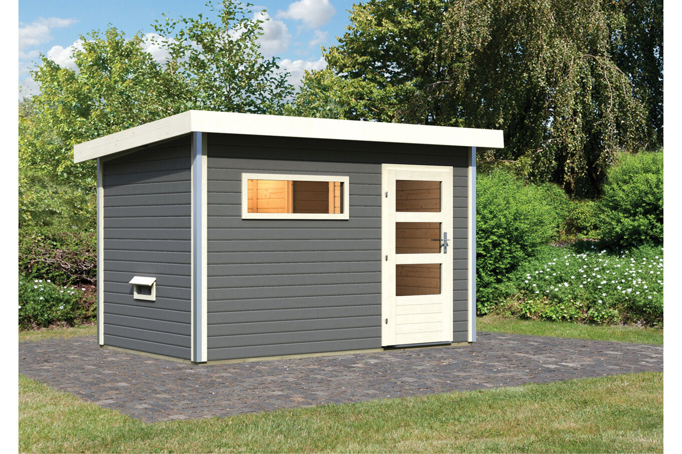 KARIBU Skrollan 1 Saunahaus, terragrau, Fichte, 336 x 196 x 195 cm, Fronteinstieg, mit moderner Tür SET mit Fenster 30941-1 03.jpg
