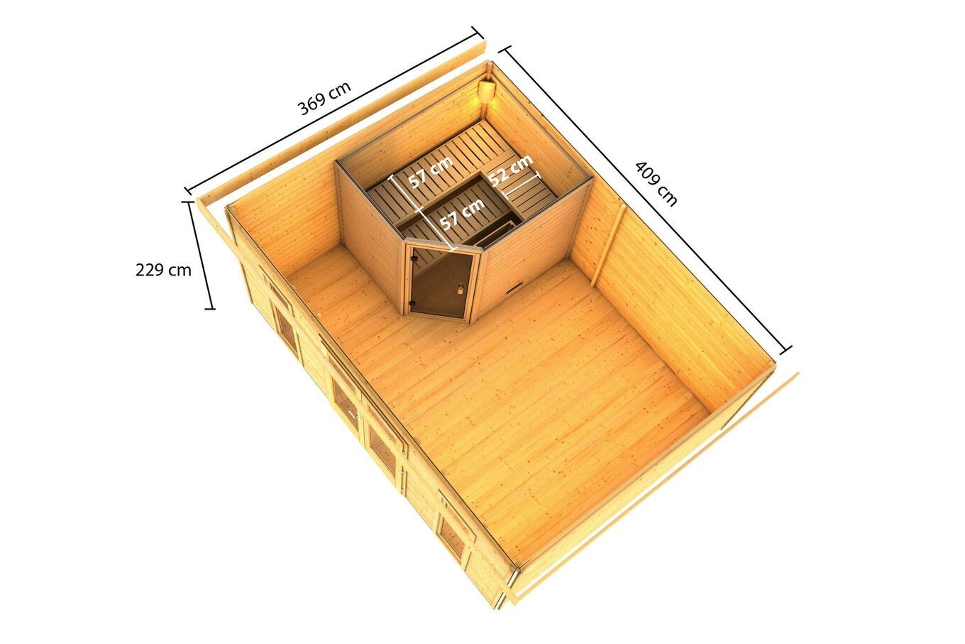 KARIBU Mainburg 4 Saunahaus, naturbelassen, Fichte, 490x368x229 cm, SET B mit Doppelflügeltür, Vorraum und 9 kW Ofen 31324-2 05.jpg