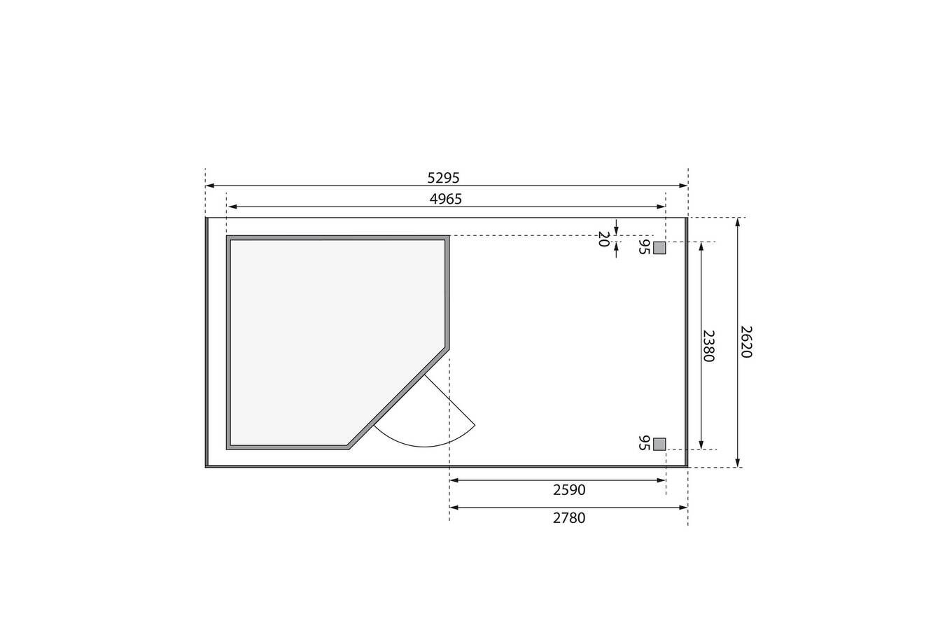 KARIBU Gartenhaus Schwandorf 5, naturbelassen, Fichtenholz 19mm, 530 x 246 x 218 cm, Flachdach, Anbau 2,8m mit Rückwand 30551-3 06.jpg