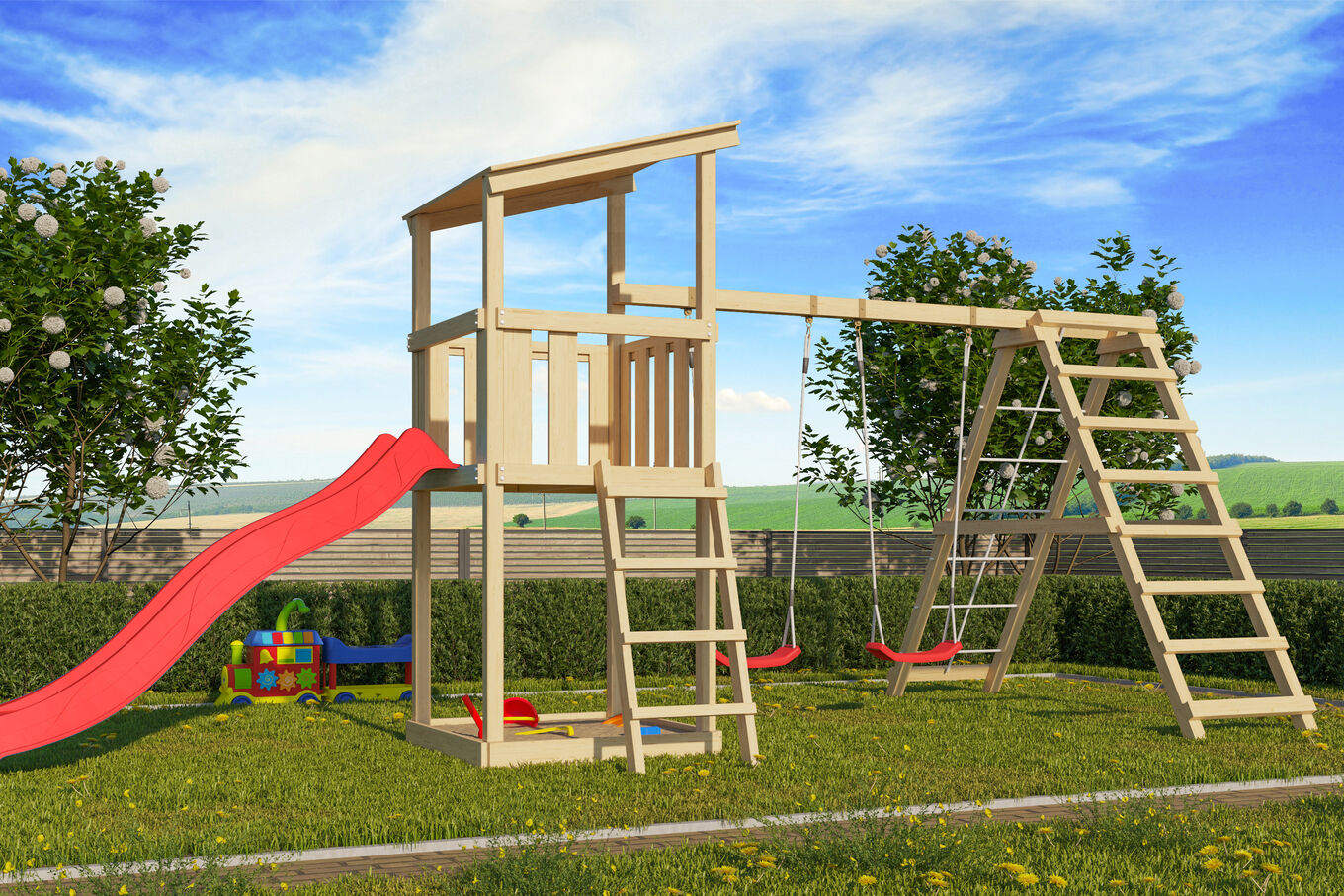 KARIBU Anna Turm, naturbelassen, nordische Fichte, 415x264x270cm, mit Rutsche rot,Doppelschaukel und Gerüst 30407-10 01.jpg