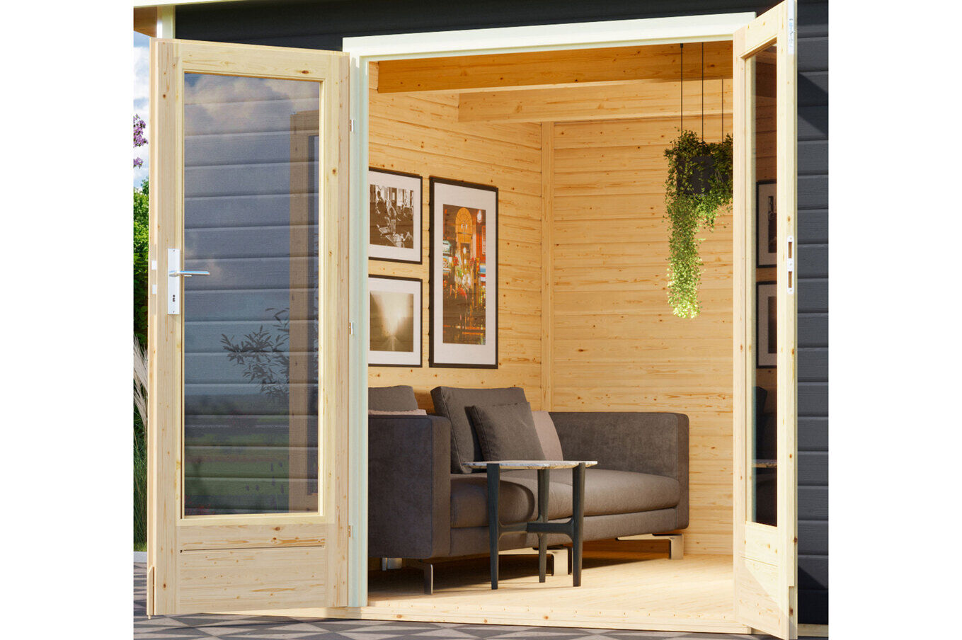 KARIBU Gartenhaus Radeburg 1, terragrau, Fichtenholz 40mm, 664 x 309 x 229,5 cm, Pultdach, Anbau 3,3m mit Rückwand 30475-2 02.jpg