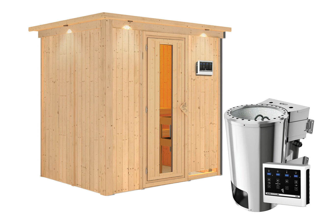 KARIBU Benin Energiespar-Sauna, naturbelassen, Fichte, 210x165x202 cm, mit Kranz und 3,6 kW Bio-Ofen ext. Steuerung 31390-4 03.jpg