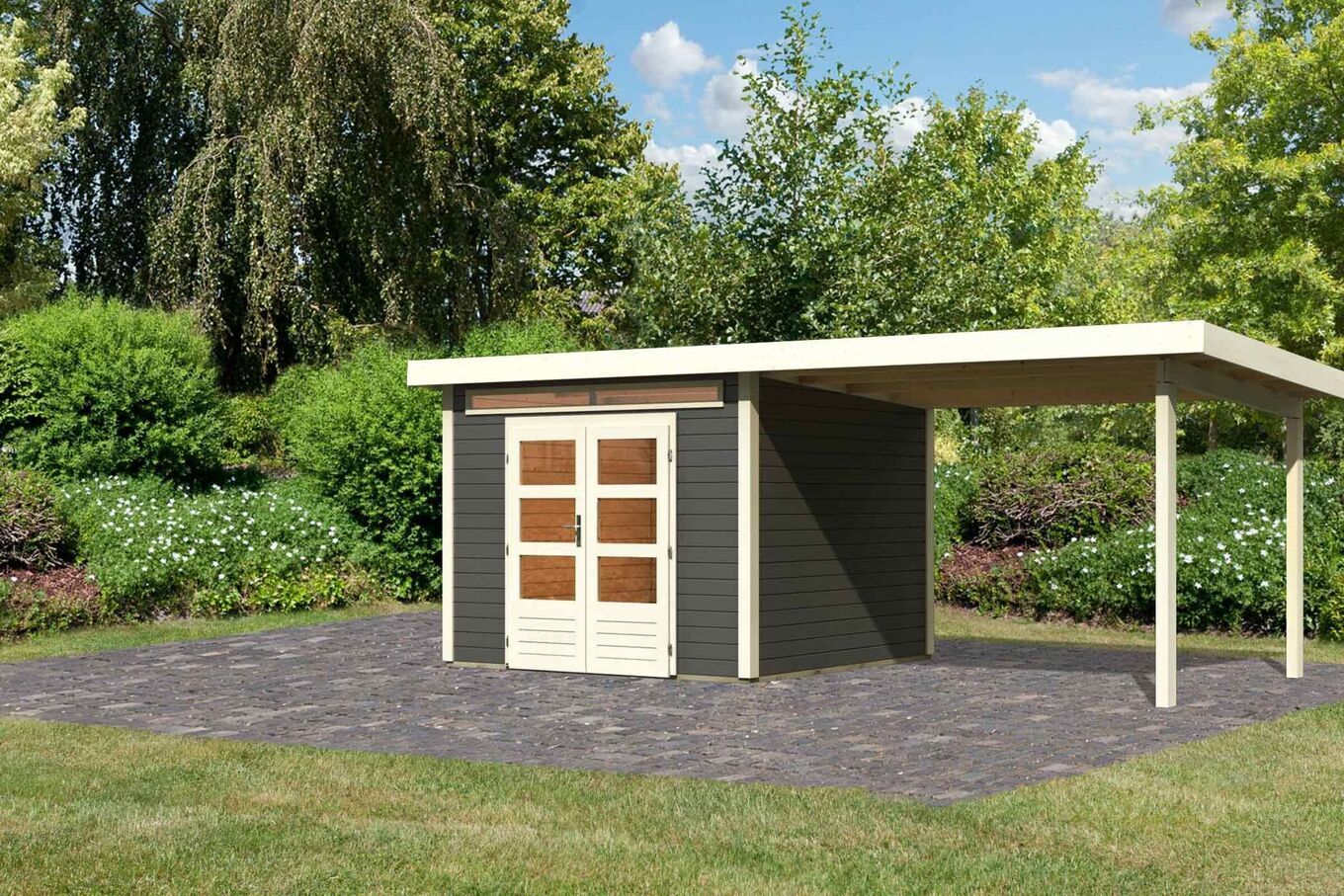 KARIBU Gartenhaus Kandern 6, terragrau, Fichtenholz 28mm, 612 x 274 x 222 cm, Pultdach, Anbau 3,2m 30558-1 01.jpg
