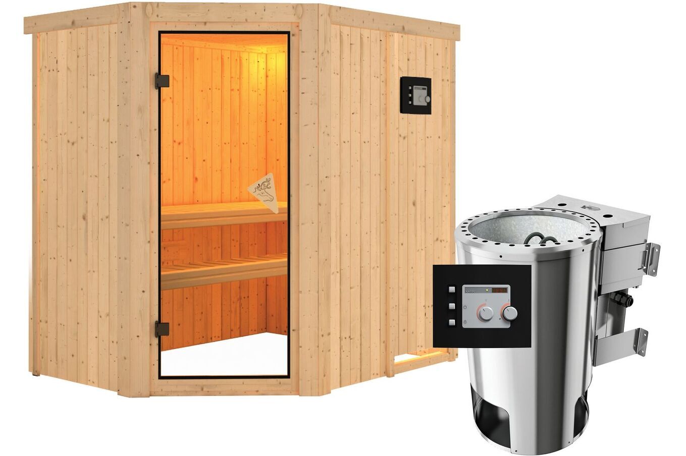 KARIBU Systemsauna Saja, Fichtenholz 68mm, Eckeinstieg, ca. 2,7m² 2 18461-12.jpg
