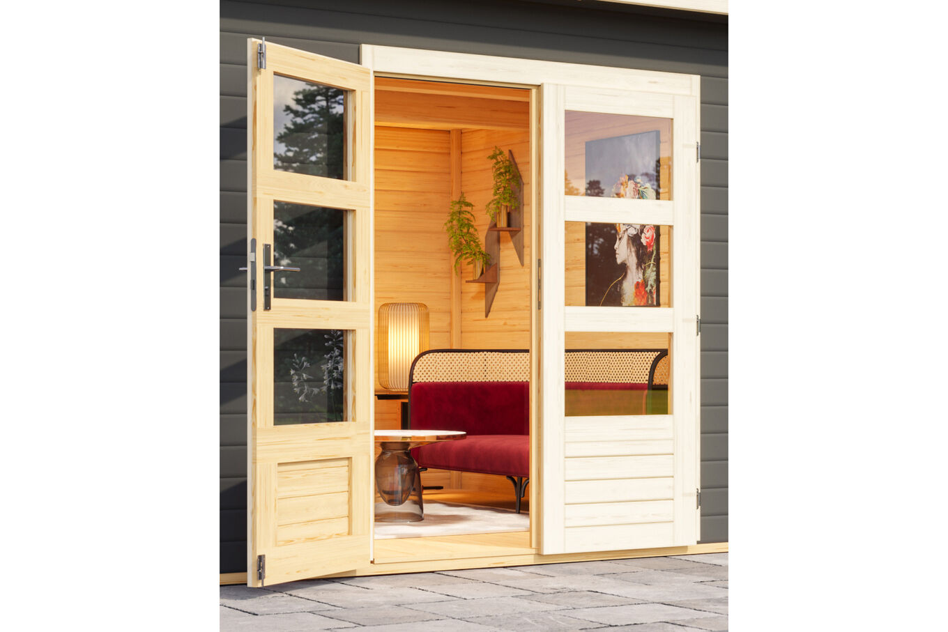 KARIBU Gartenhaus Northeim 5, terragrau, Fichtenholz 40mm, 724 x 369 x 229 cm, Pultdach, Anbau 3m mit Rückwand 30561-6 02.jpg