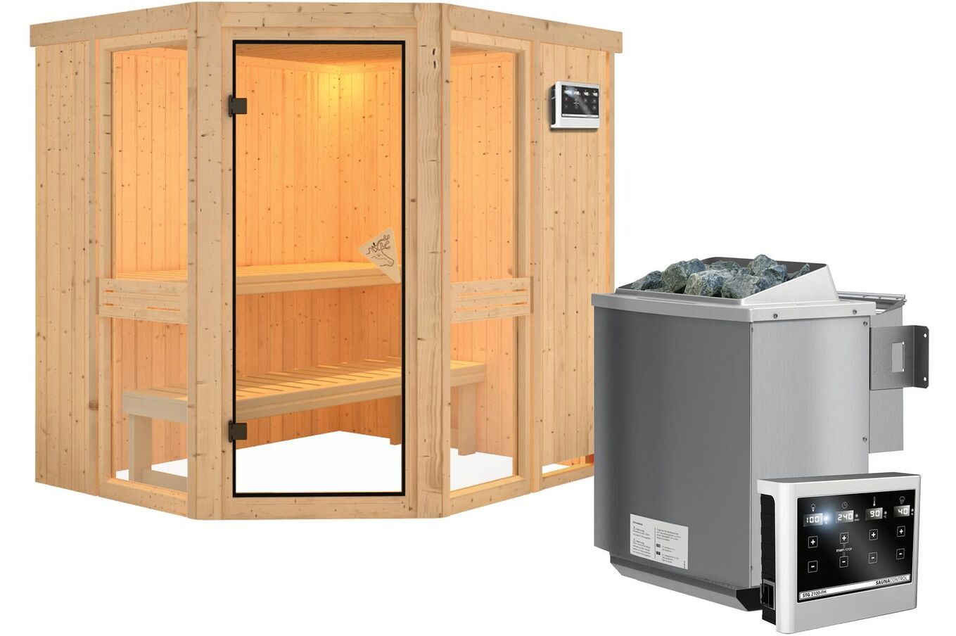 KARIBU Systemsauna Amelia 1, Fichtenholz 68mm, Eckeinstieg, ca. 3m² 2 18430-4.jpg