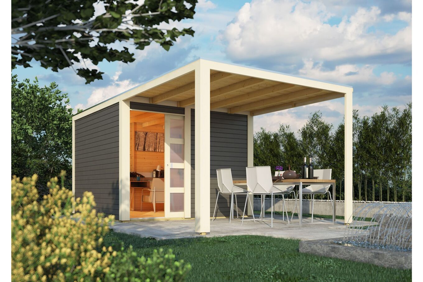 KARIBU Exklusivmodell Quadro Set Gartenhaus, terragrau, nordische Fichte, 545 x 275 x 214 cm, mit Anbaudach 33794-4 02.jpg