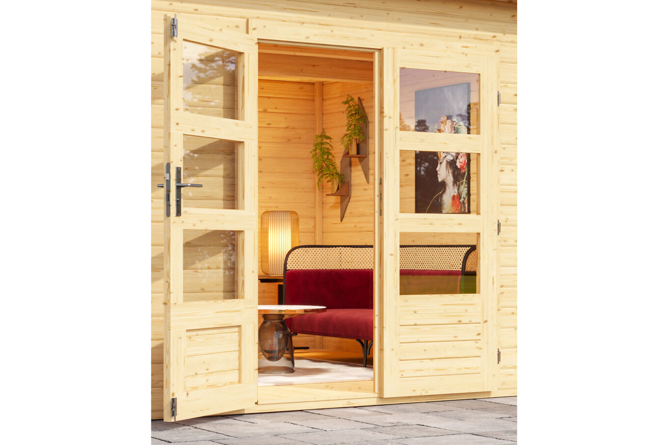 KARIBU Gartenhaus Northeim 4, naturbelassen, Fichtenholz 40mm, 724 x 309 x 229 cm, Pultdach, Anbau 3m mit Rückwand 30561-3 03.jpg