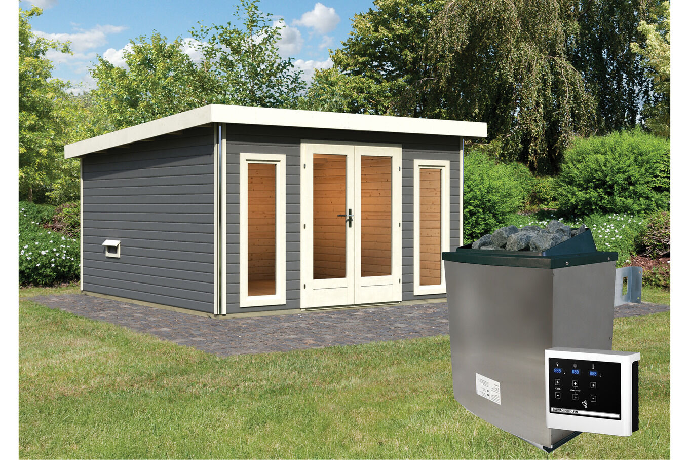 KARIBU Mainburg 3 Saunahaus, terragrau, Fichte, 369x369x229 cm, SET B mit Doppelflügeltür, Vorraum und 9 kW Ofen 31322-5 01.jpg