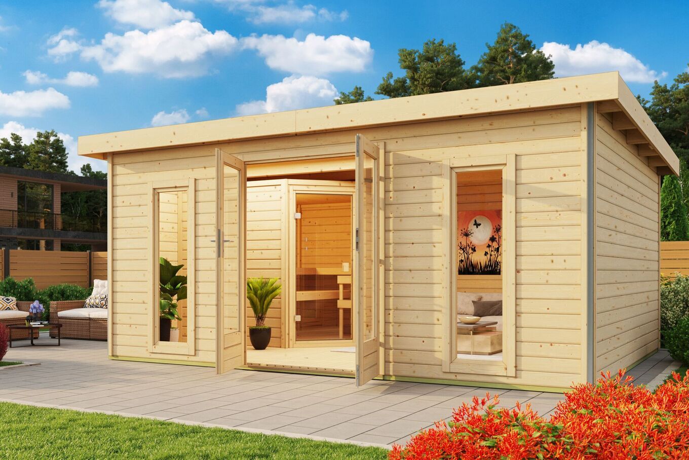KARIBU Mainburg 4 Saunahaus, naturbelassen, Fichte, 490x368x229 cm, SET B mit Doppelflügeltür, Vorraum und 9 kW Ofen 31324-2 01.jpg