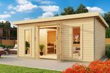 KARIBU Mainburg 4 Saunahaus, naturbelassen, Fichte, 490x368x229 cm, SET B mit Doppelflügeltür, Vorraum und 9 kW Ofen 31324-2 01.jpg