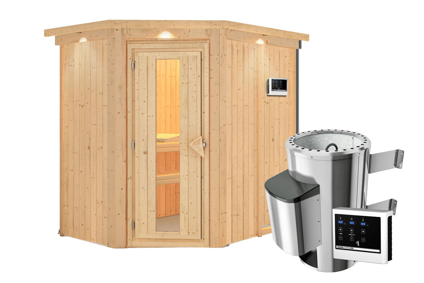 KARIBU Caspin Energiespar-Sauna, naturbelassen, Fichte, 210x165x202 cm, mit Kranz und 3,6 kW Ofen ext. Steuerung 31391-3 03.jpg