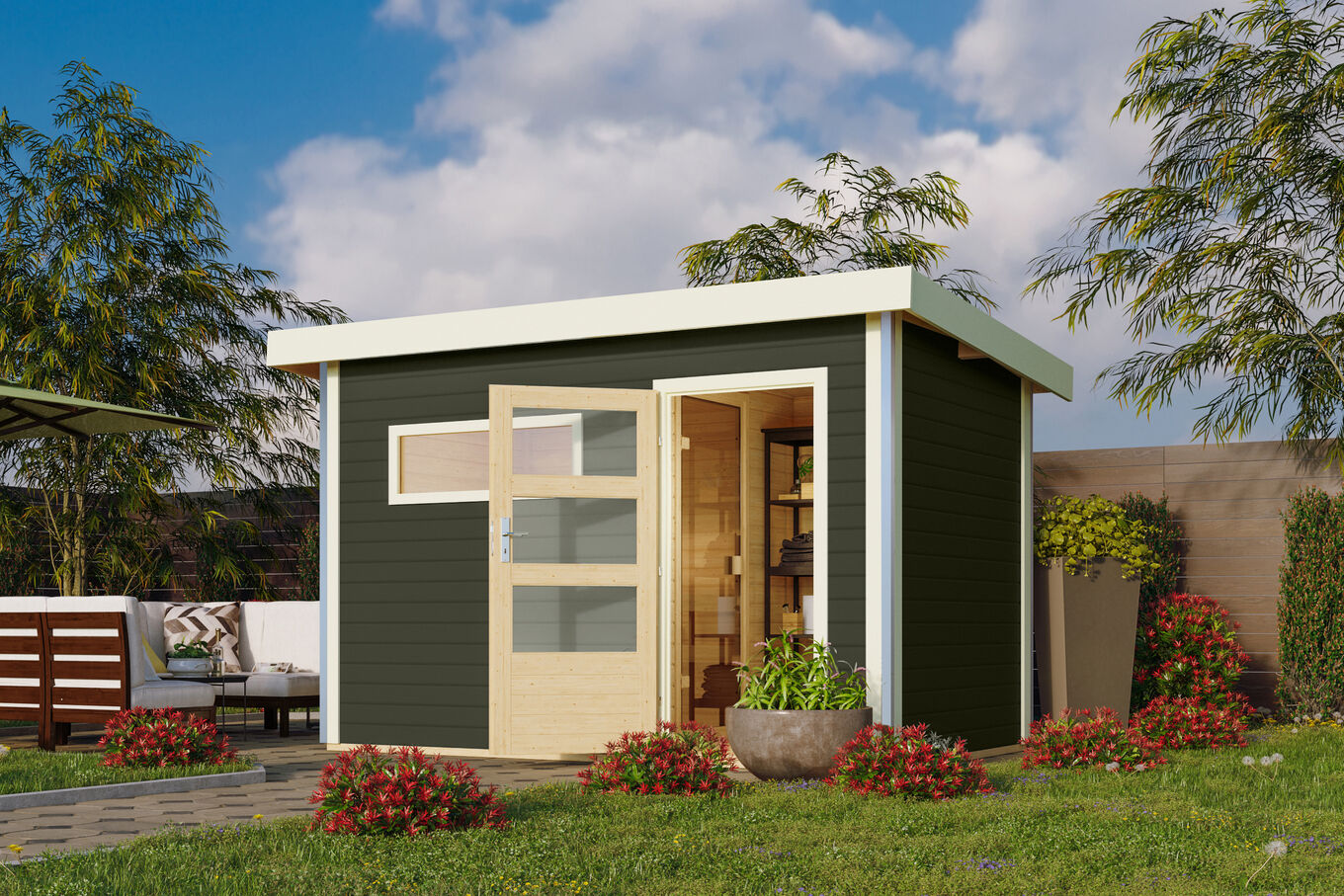 KARIBU Skrollan 1 Saunahaus, terragrau, Fichte, 336 x 196 x 195 cm, Fronteinstieg, mit moderner Tür SET mit Fenster, Ofen 9 kW ext. Strg. Easy 30941-2 01.jpg