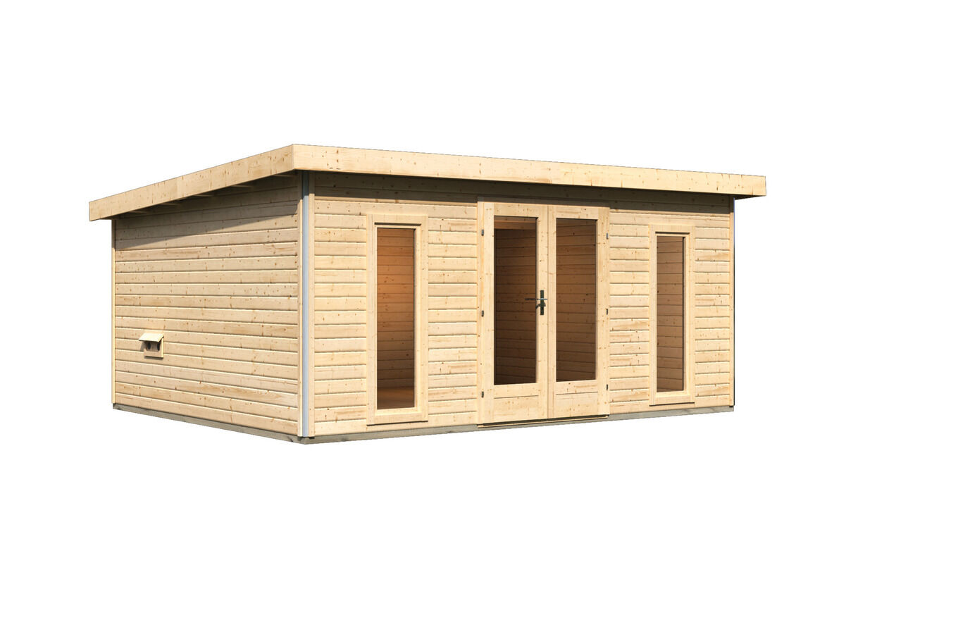 KARIBU Mainburg 4 Saunahaus, naturbelassen, Fichte, 490x368x229 cm, SET A mit Doppelflügeltür und Vorraum 31323-1 02.jpg